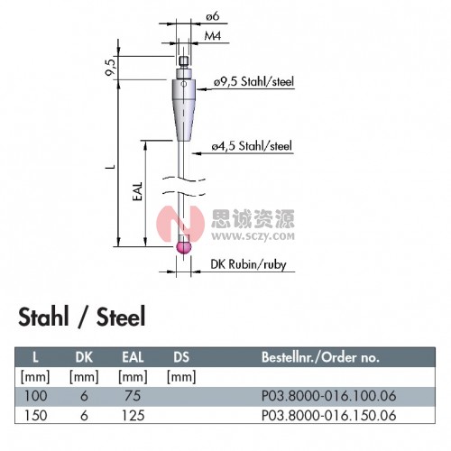 波龙探针D6 x 100mm钢质杆红宝石针 (For TC50/51) ECP03.8000-016.100.06图2